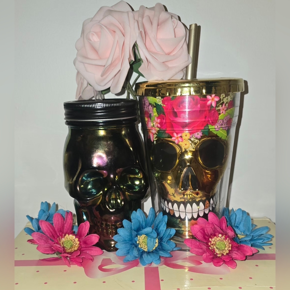 Gold Colorful Skull Tumbler & Dark Iridescent Skull Jar